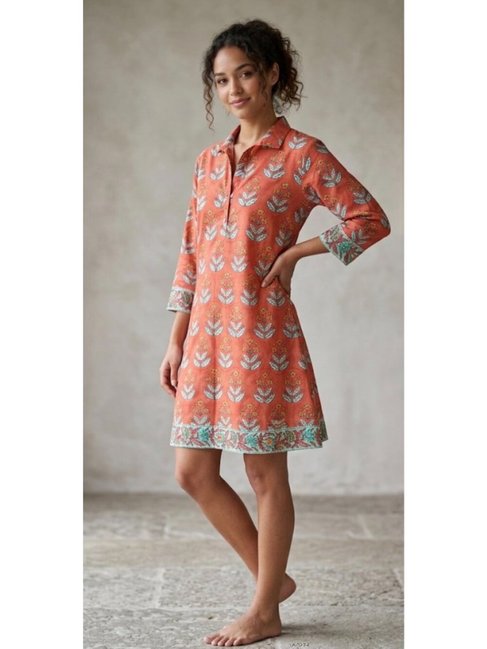 Victoria Dunn Women’s Orange & Teal Floral Print Cotton Tunic Dress 3/4 Sleeves